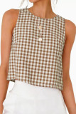 Button Round Neck Sleeveless Checkered Printed Vest