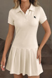 Polo Neck Waist Cinched Short Sleeve Pleated Dress