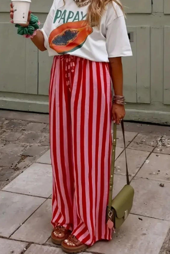 High Waist Striped Printed Straight Leg Pants