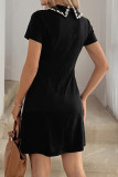 Nail Bead Lapel Short Sleeved Waist Cinching Dress