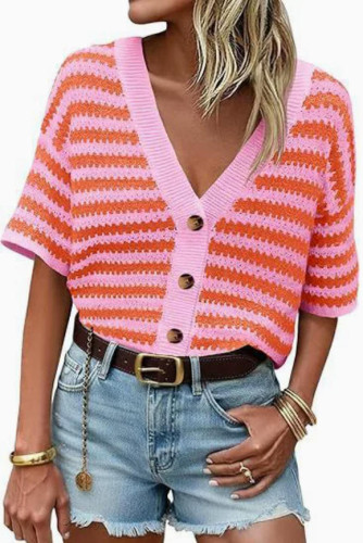 Short Sleeved Striped Hollow Knitted Cardigan