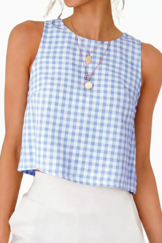 Button Round Neck Sleeveless Checkered Printed Vest