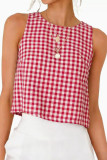 Button Round Neck Sleeveless Checkered Printed Vest