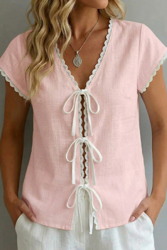 Large Size Solid Color Lace Short Sleeved Shirt