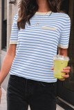 Round Neck Striped Knitted Short Sleeved T-shirt