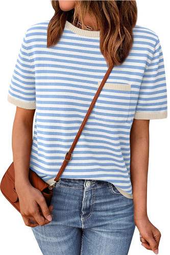 Round Neck Striped Knitted Short Sleeved T-shirt