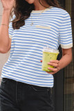 Round Neck Striped Knitted Short Sleeved T-shirt