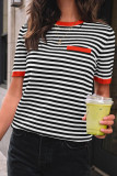 Round Neck Striped Knitted Short Sleeved T-shirt