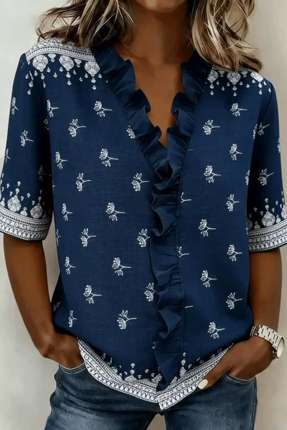 Floral Printed Short Sleeved V-neck Shirt
