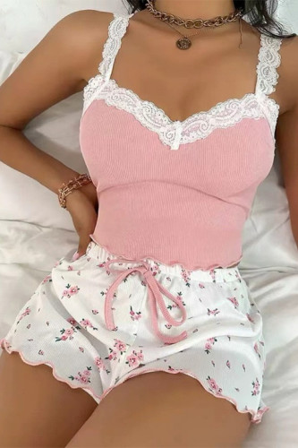 V-neck Lace Sleeveless Vest Shorts 2-piece Set
