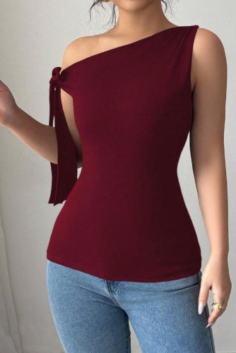 Solid Color Diagonal Shoulder Strap T-shirt