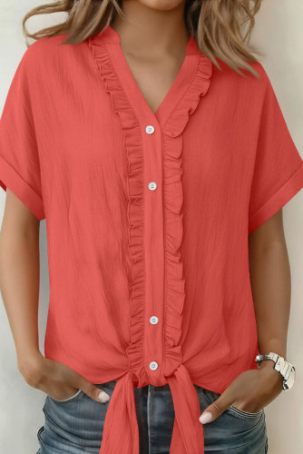 Solid Color V-neck Short Sleeved Ruffled Shirt