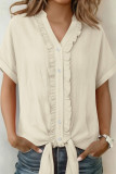 Solid Color V-neck Short Sleeved Ruffled Shirt