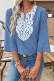 V-neck Lace Three Quarter Sleeve T-shirt