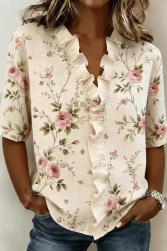 Floral Printed Short Sleeved V-neck Shirt