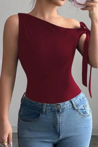 Solid Color Diagonal Shoulder Strap T-shirt