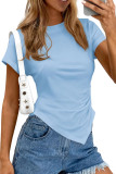 Asymmetric Round Neck Short Sleeved Pleated Shirt