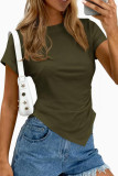 Asymmetric Round Neck Short Sleeved Pleated Shirt