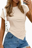 Asymmetric Round Neck Short Sleeved Pleated Shirt