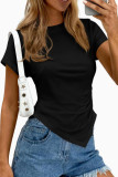 Asymmetric Round Neck Short Sleeved Pleated Shirt