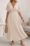 Solid Color V-neck Waist Cinched Pleated Dress