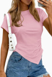 Asymmetric Round Neck Short Sleeved Pleated Shirt
