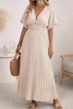 Solid Color V-neck Waist Cinched Pleated Dress