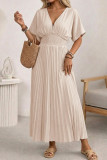 Solid Color V-neck Waist Cinched Pleated Dress