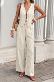Striped V-neck Tied Vest Wide Leg Pants 2-piece Set