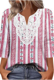 V-neck Lace Printed Seven Quarter Sleeve T-shirt