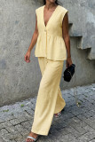 V-neck Ruffled Vest Wide Leg Pants 2-piece Set