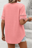 Solid Color V-neck Lace Short Sleeved Loose T-shirt