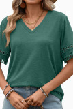 Solid Color V-neck Lace Short Sleeved Loose T-shirt