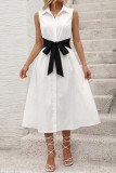 Bow Waist Cinched Sleeveless Lapel Shirt Dress