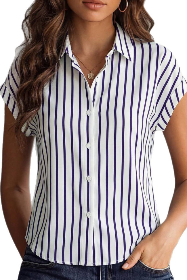 Lapel Button Striped Printed Short Sleeve Shirt