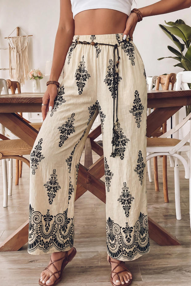 Ethnic Style High Elastic Waist Wide Leg Pants