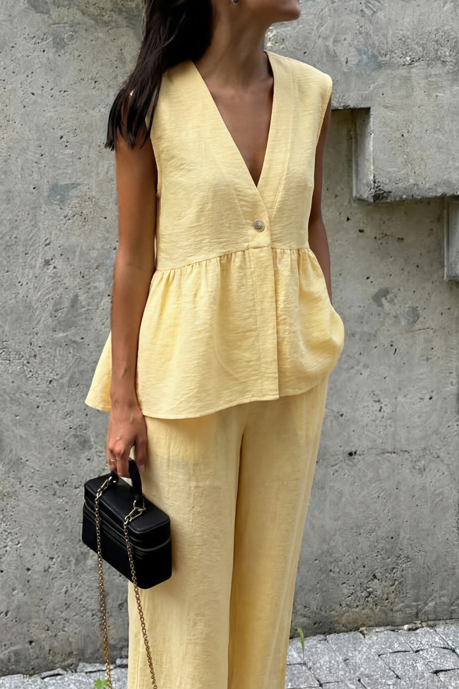 V-neck Ruffled Vest Wide Leg Pants 2-piece Set