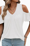 V-neck Off Shoulder Pleated Short Sleeved T-shirt