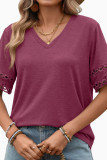 Solid Color V-neck Lace Short Sleeved Loose T-shirt