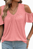 V-neck Off Shoulder Pleated Short Sleeved T-shirt