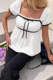 Square Neck Lace Short Sleeved Backless Shirt