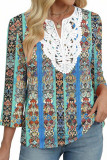 V-neck Lace Printed Seven Quarter Sleeve T-shirt