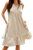 Solid Color V-neck Sleeveless Ruffle Edge Dress