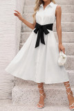 Bow Waist Cinched Sleeveless Lapel Shirt Dress