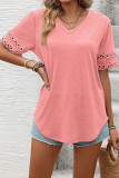 Solid Color V-neck Lace Short Sleeved Loose T-shirt