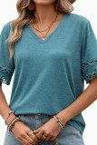 Solid Color V-neck Lace Short Sleeved Loose T-shirt