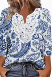 V-neck Lace Printed Seven Quarter Sleeve T-shirt