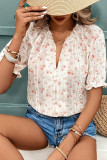 Floral Ruffled V-neck Short Sleeved Shirt