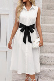 Bow Waist Cinched Sleeveless Lapel Shirt Dress