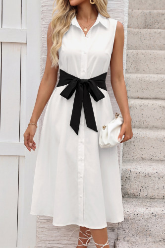 Bow Waist Cinched Sleeveless Lapel Shirt Dress